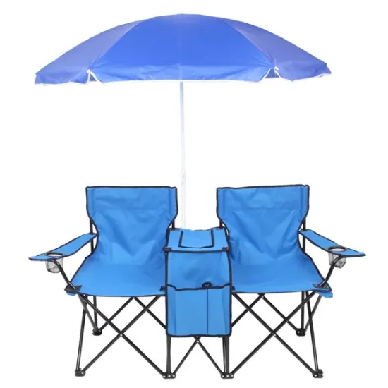 图片 Bi Fold Picnic Chair with Umbrella Mini Table Drink Holder Tote Bag for Beach Terrace Pool Park Outdoor Portable Camping Chair (Blue)